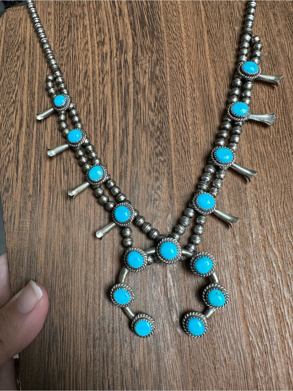 Vintage Petite Native Made Turquoise Squash Blossom Necklace 🩵 - Picture 2 of 10